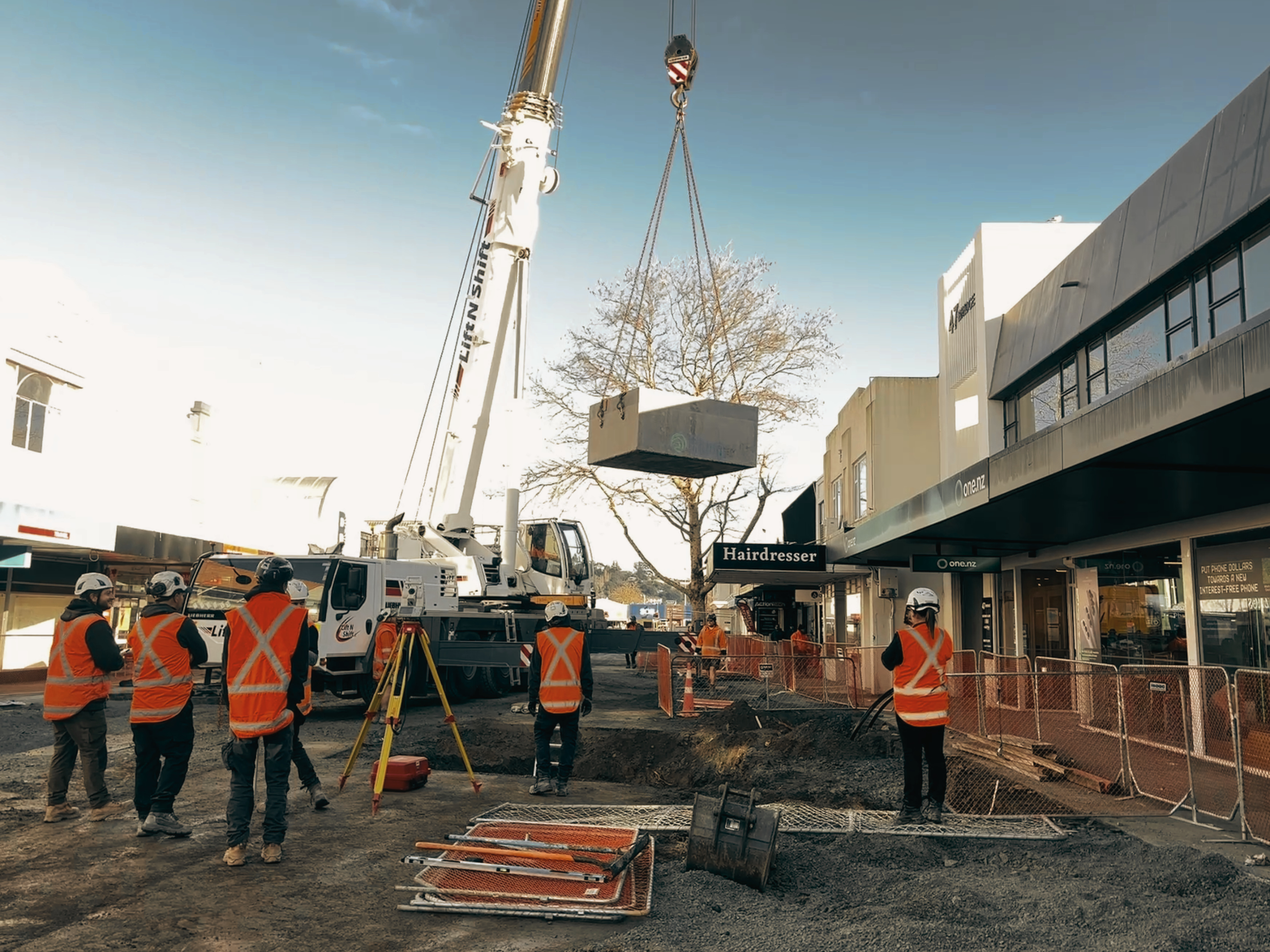 crane on Bridge St lifting the stormwater pit into place
