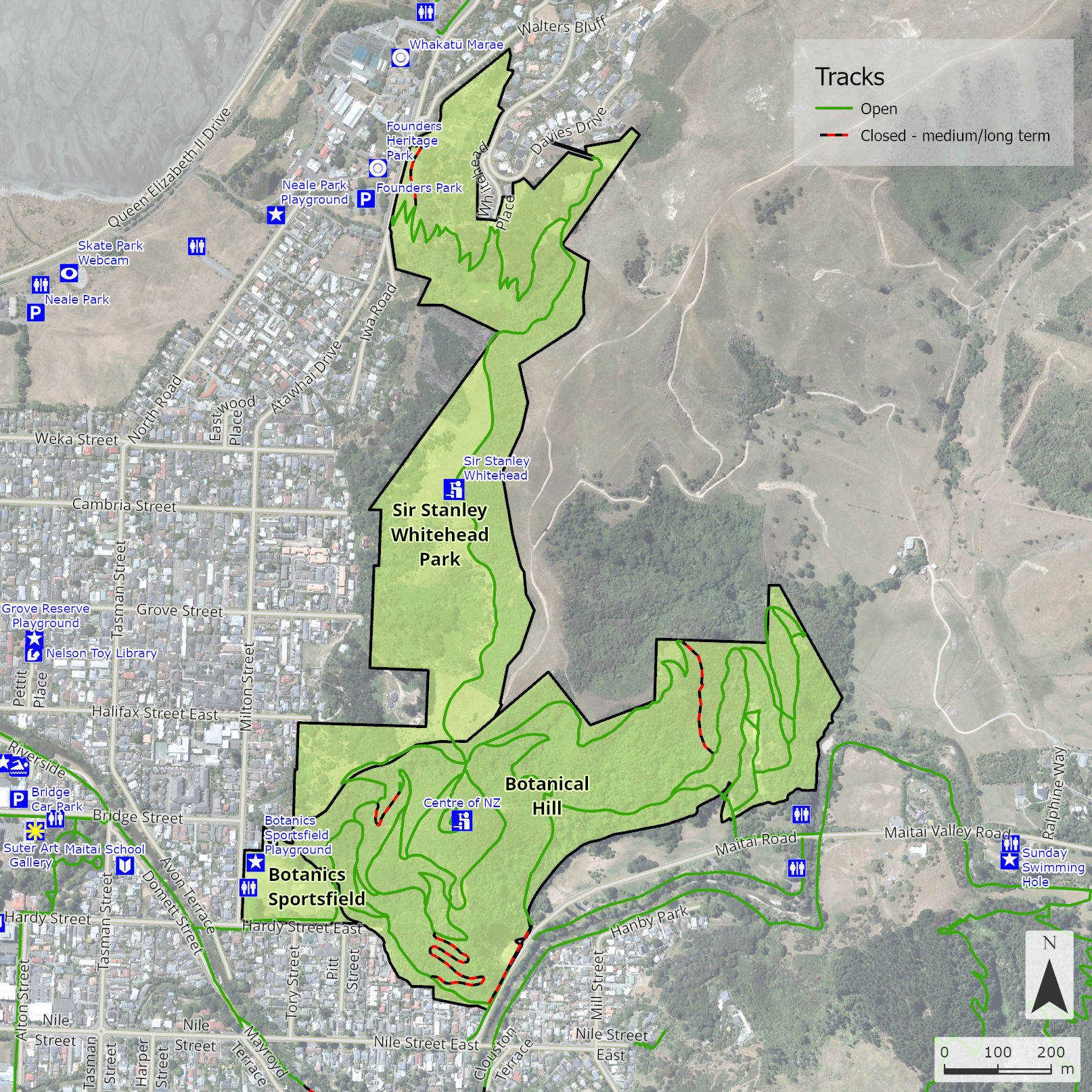 Map showing the status of tracks on Botanical Hill