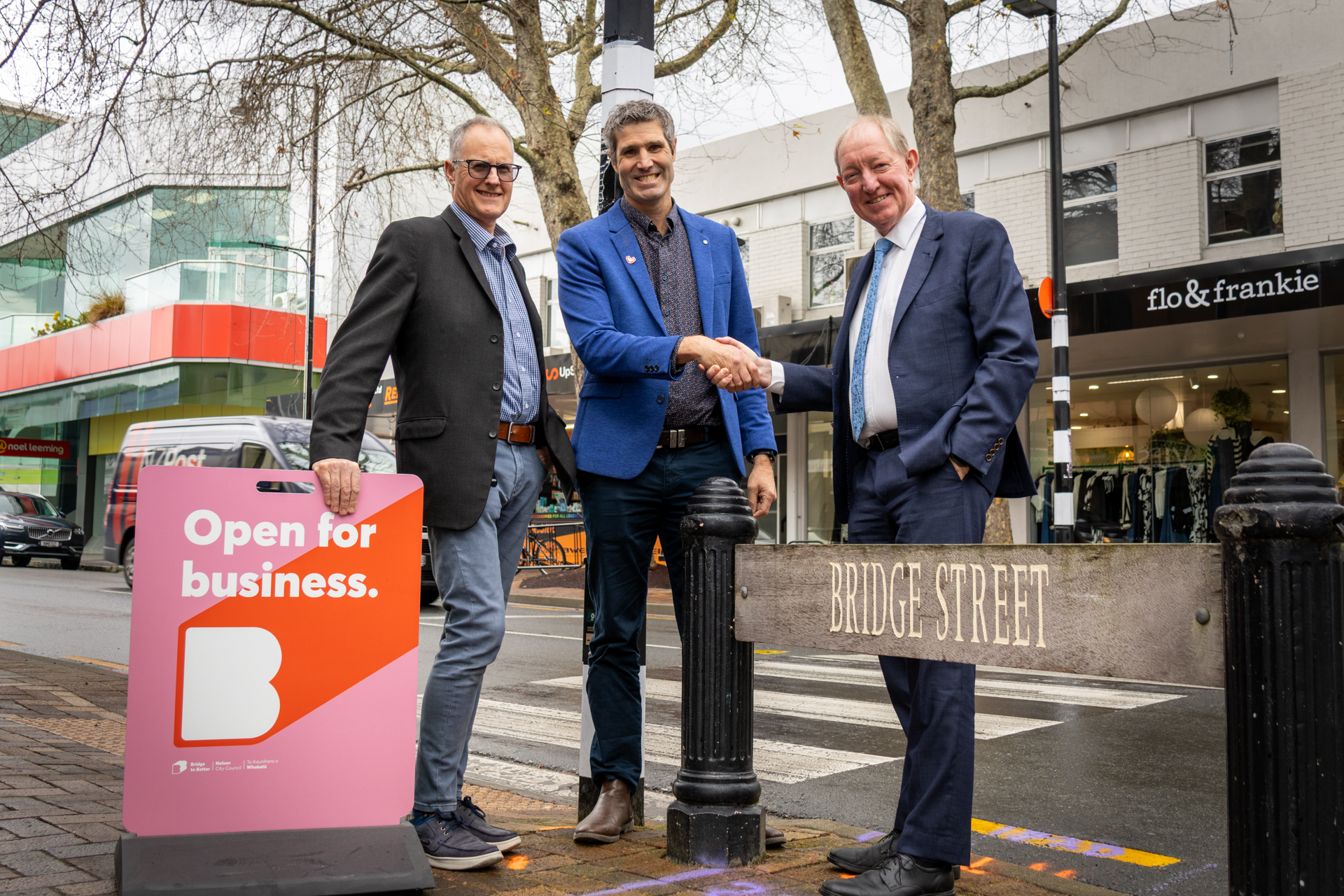 Nelson City Council Group Manager Infrastructure Alec Louverdis (left), with Mayor Nick Smith and Isaac Construction’s Chief Operating Officer, Scott Ford.