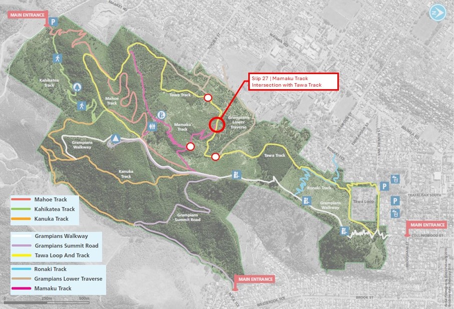 Map of the Grampians that show where the worksite is at the intersection of Tawa Track 