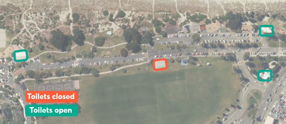 Map showing toilets that are open